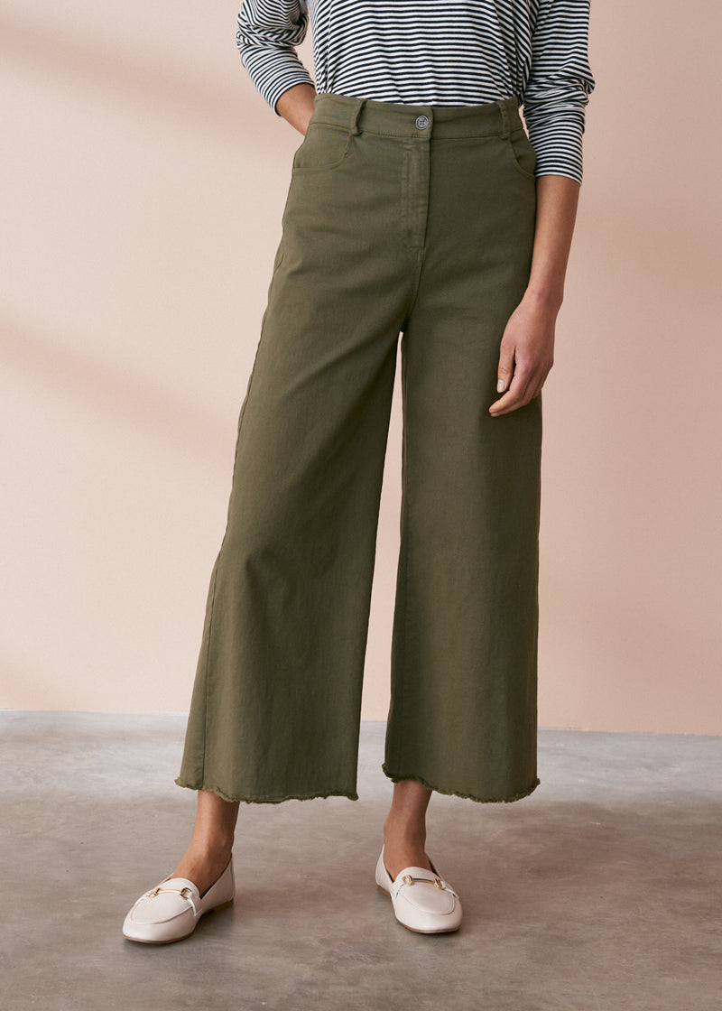 Khaki green cropped wide leg trousers