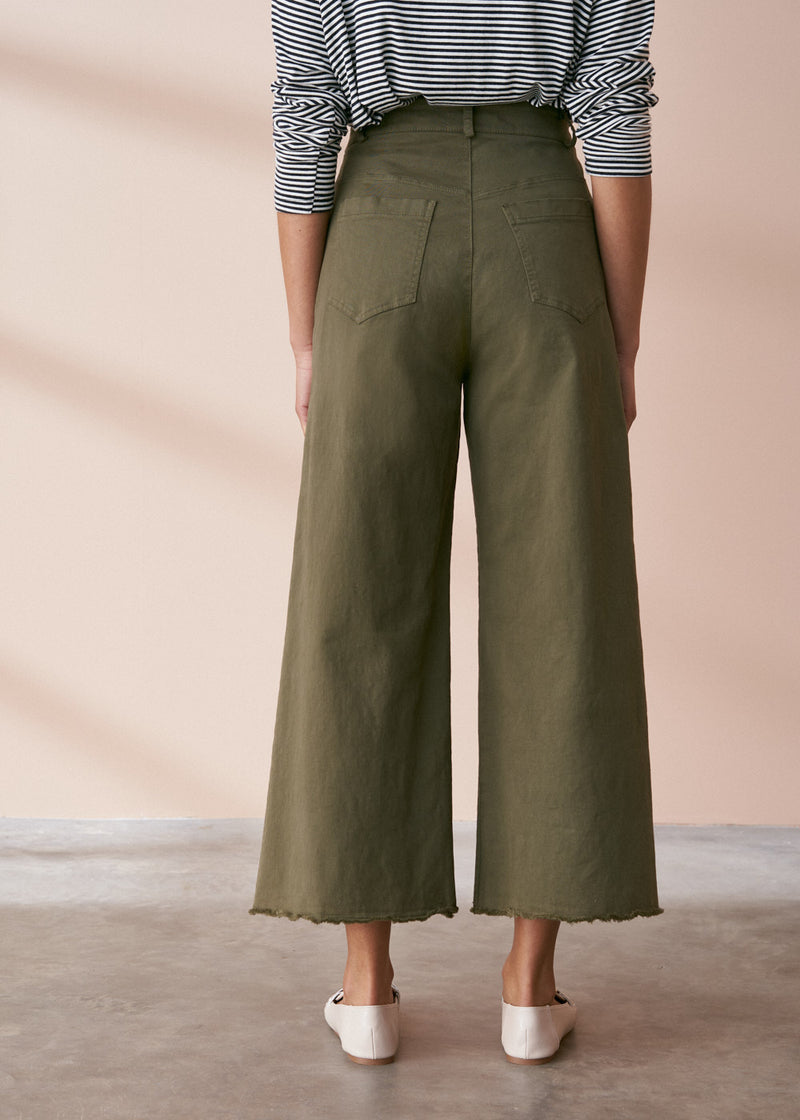 Khaki green cropped wide leg trousers