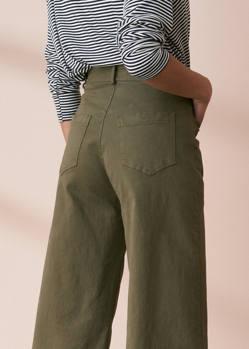 Khaki green cropped wide leg trousers