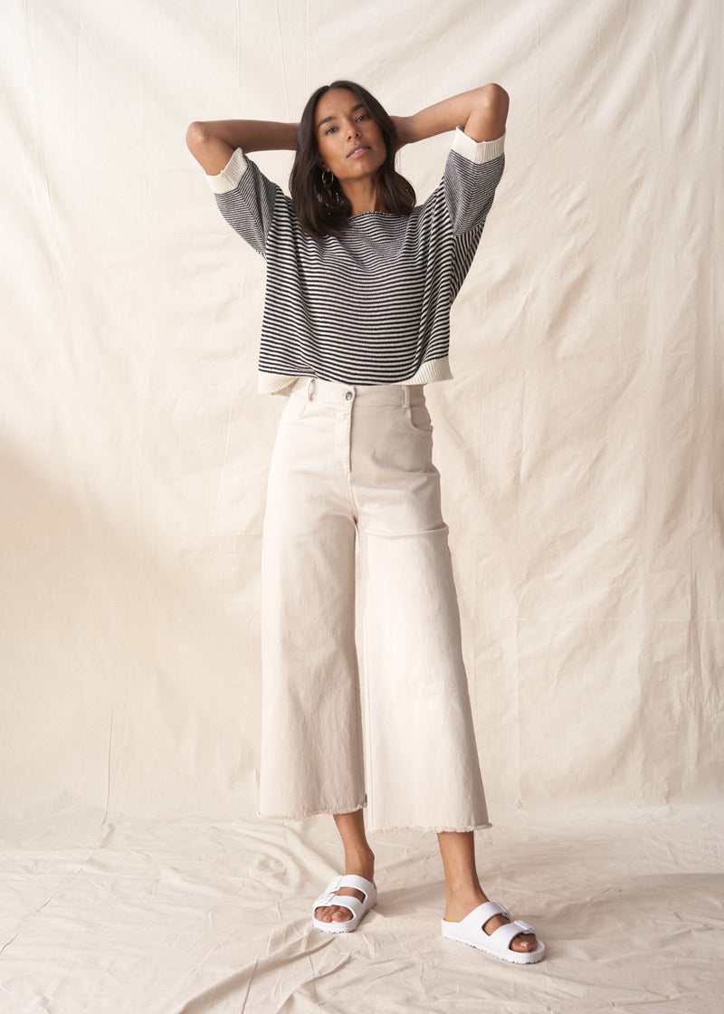 Oatmeal wide leg cotton trousers
