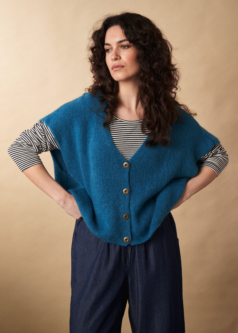 Short sleeve teal button up waistcoat cardigan