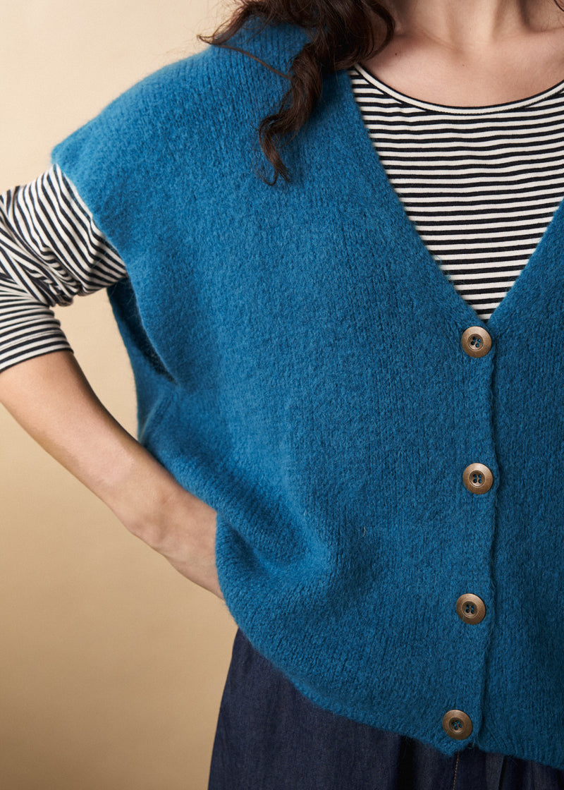 Short sleeve teal button up waistcoat cardigan