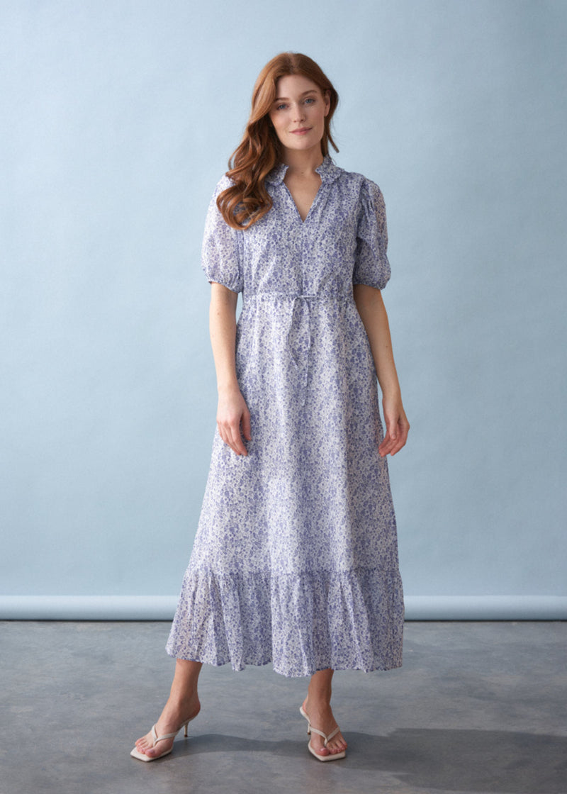Blue white floral midi tea dress