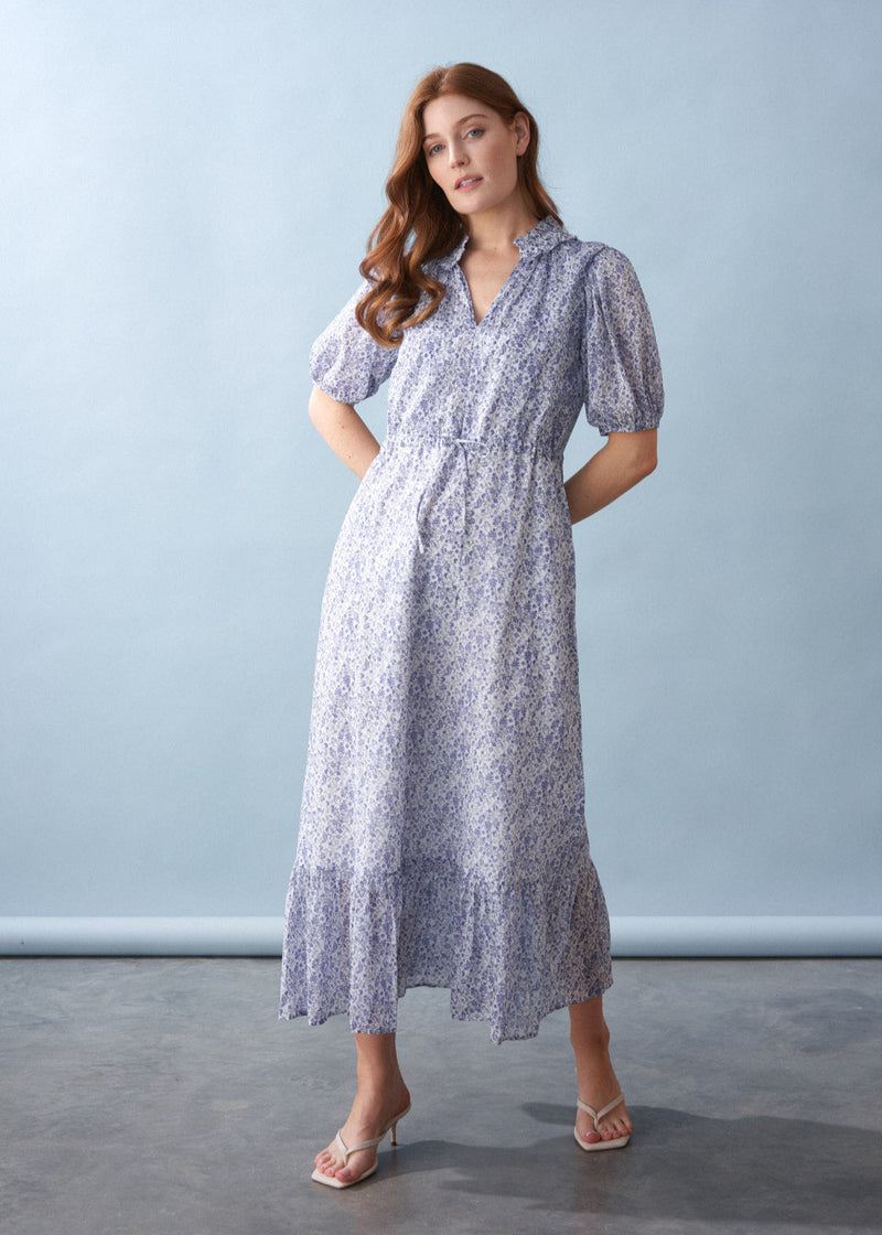 Blue white floral midi tea dress