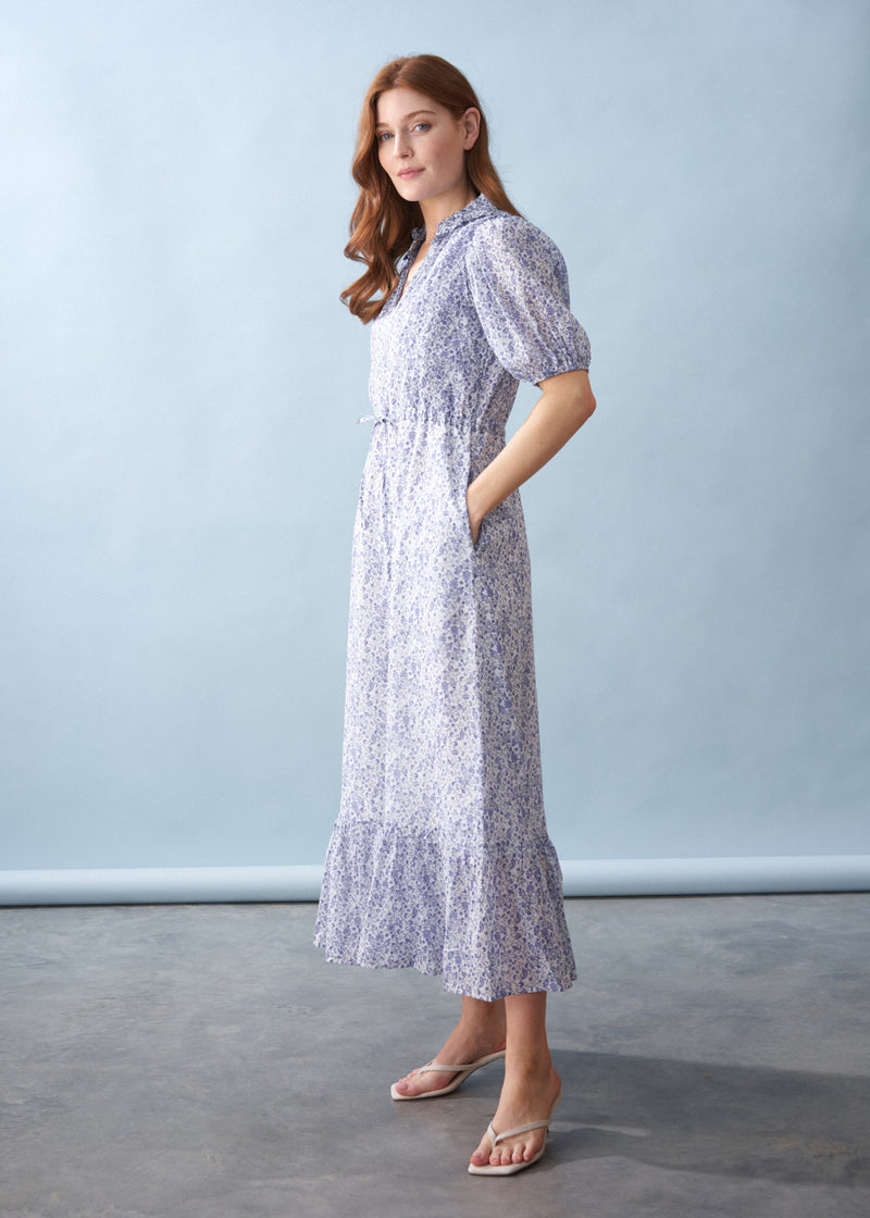 Blue white floral midi tea dress
