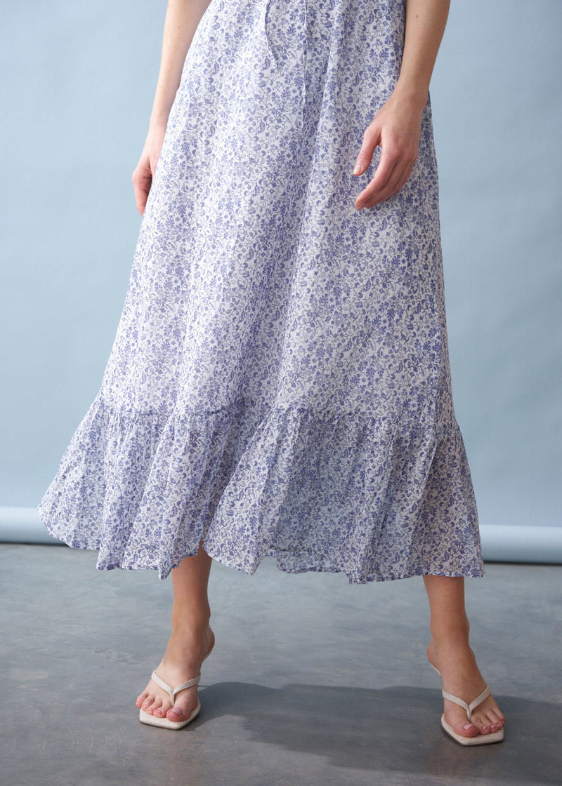 Blue white floral midi tea dress
