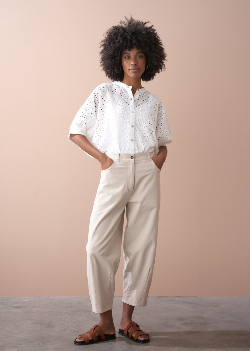 Oatmeal soft barrel leg cotton trouser
