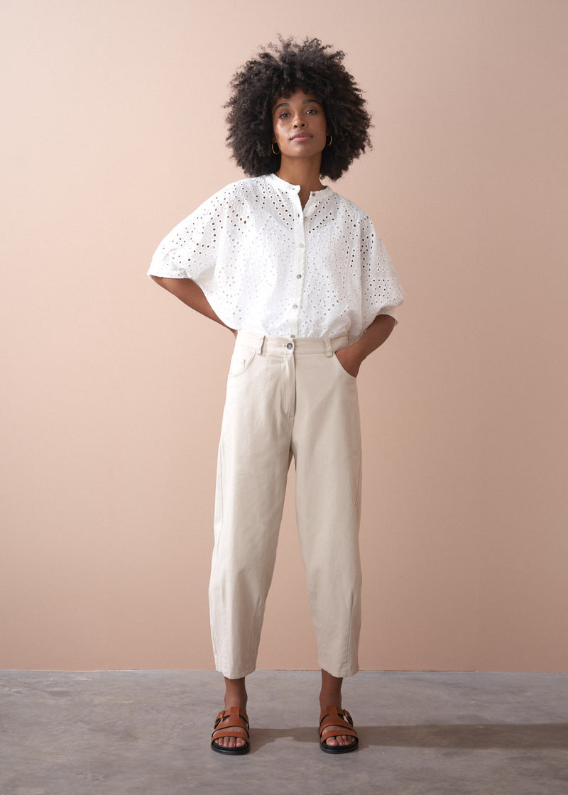 Oatmeal soft barrel leg cotton trouser