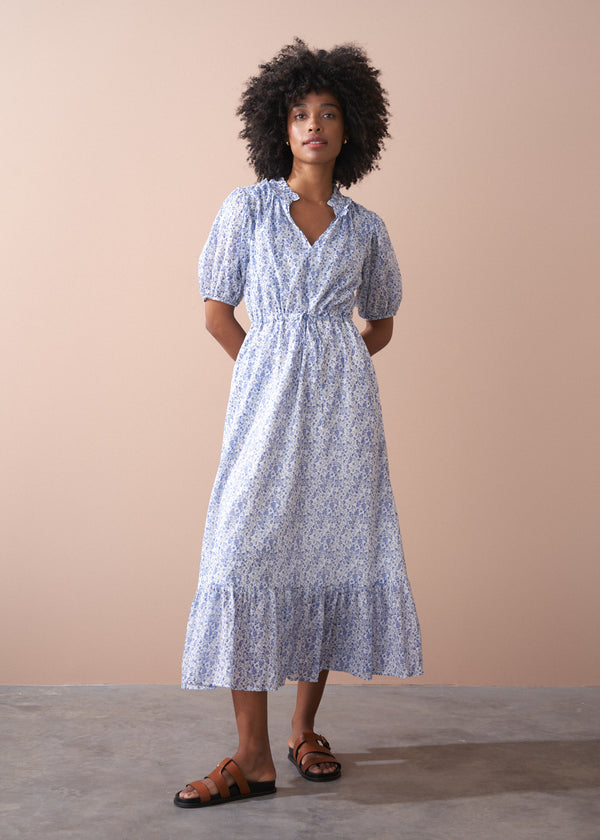 Blue white floral midi tea dress