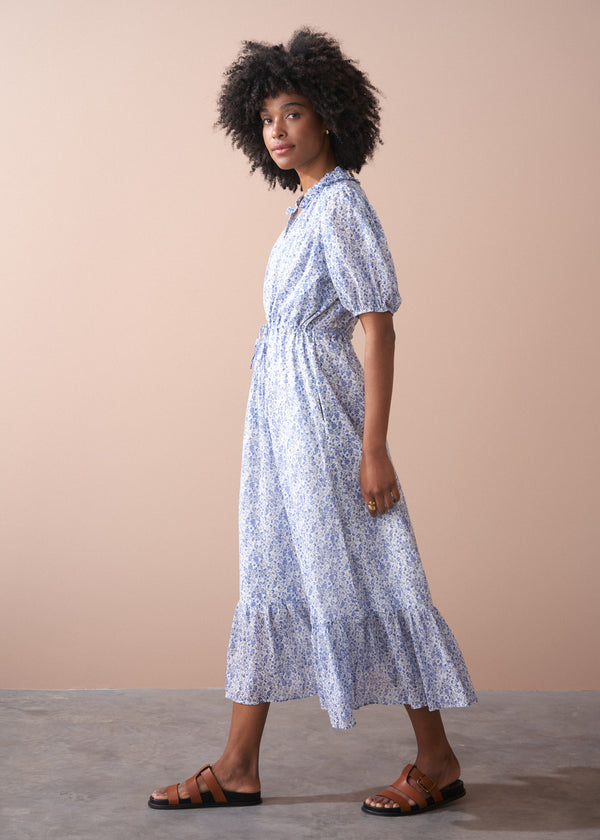Blue white floral midi tea dress