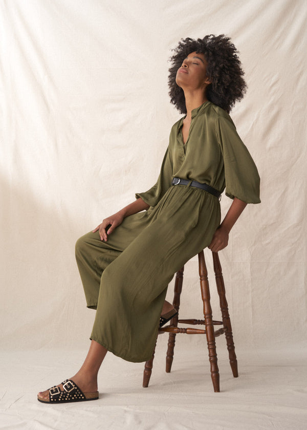 Khaki satin wide leg trousers