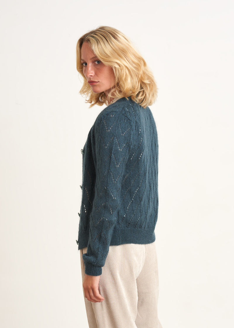 Teal open knit cardigan