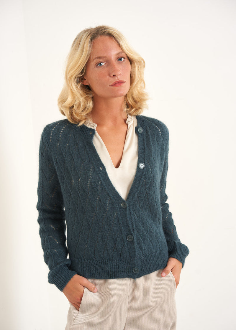 Teal open knit cardigan