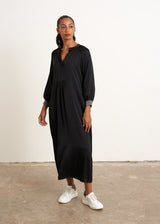 Long satin dress with metallic cuff detail