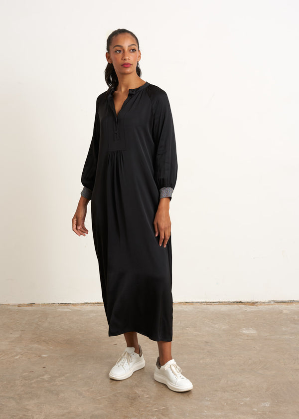 Long satin dress with metallic cuff detail