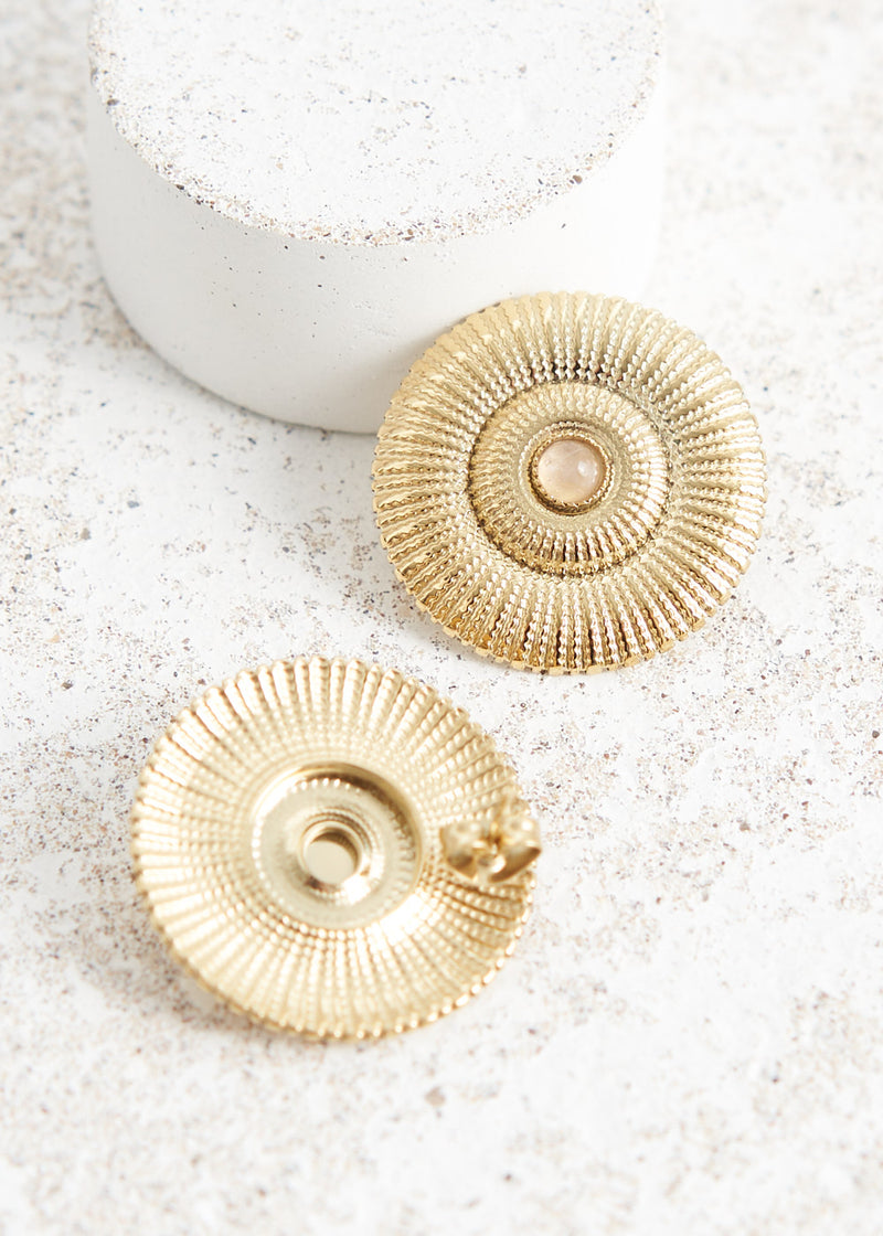Gold textured earrings with rose quartz crystal