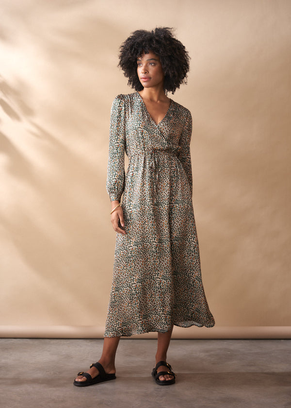 Long sleeve leopard print satin dress with waist tie