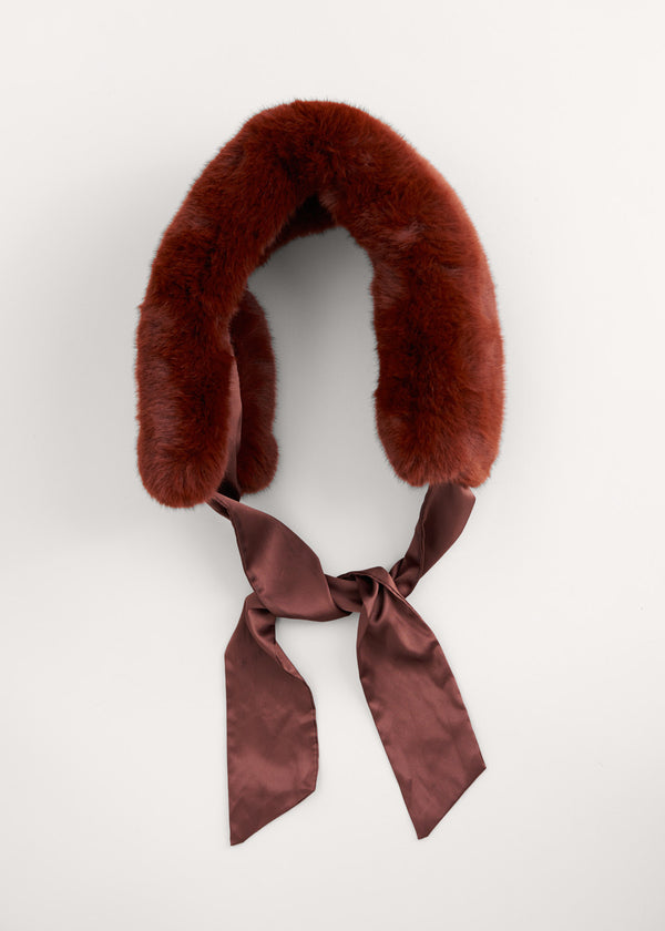 FAUX FUR COLLAR WITH RIBBON - CHESTNUT
