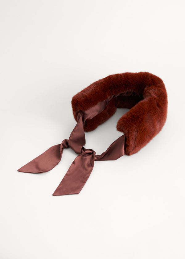 FAUX FUR COLLAR WITH RIBBON - CHESTNUT