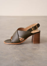 Khaki green leather sandal with wooden heel and buckle detail