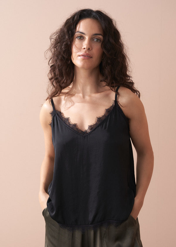 Black satin camisole with lace trim