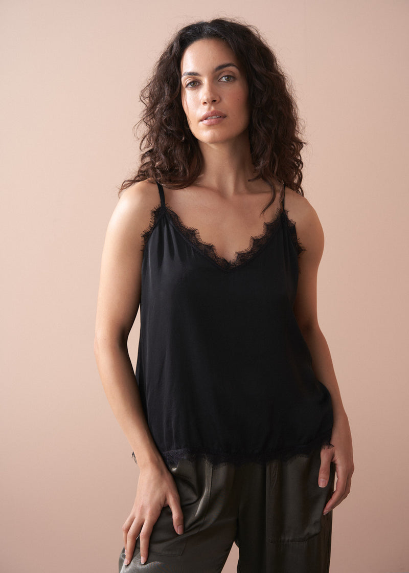 Black satin camisole with lace trim