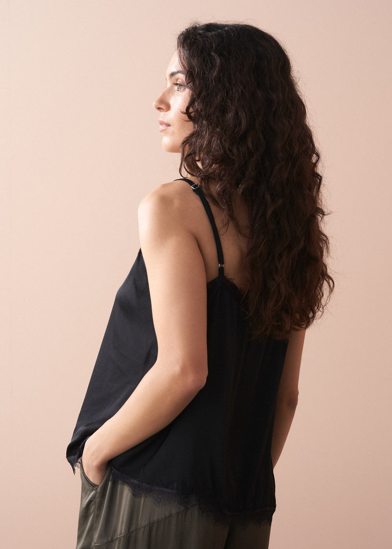 Black satin camisole with lace trim