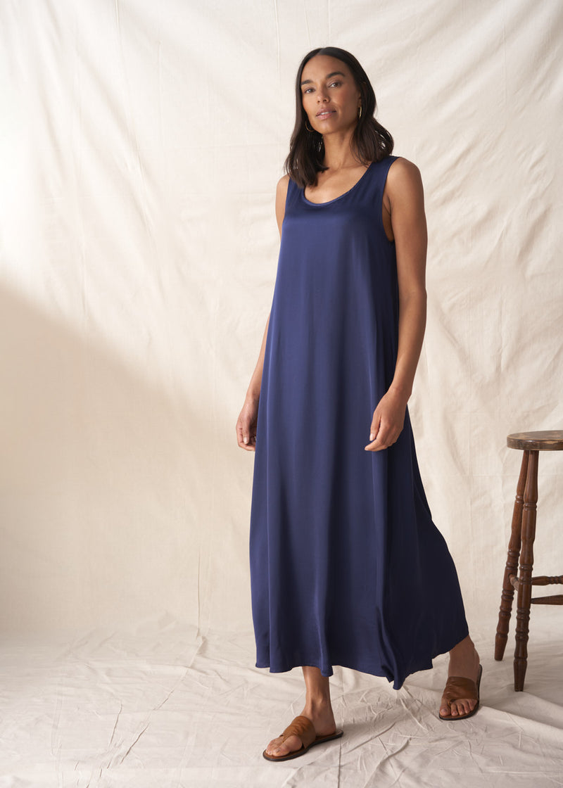 Dark blue satin sleeveless dress