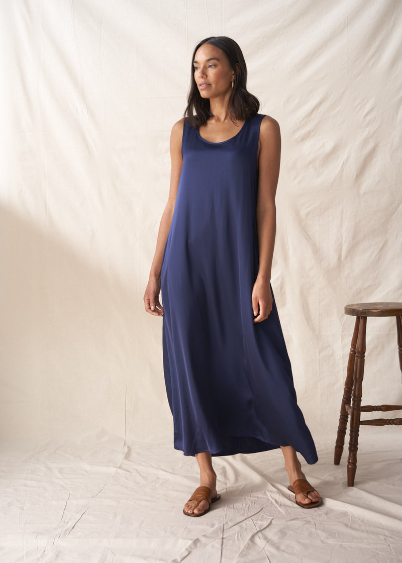 Dark blue satin sleeveless dress