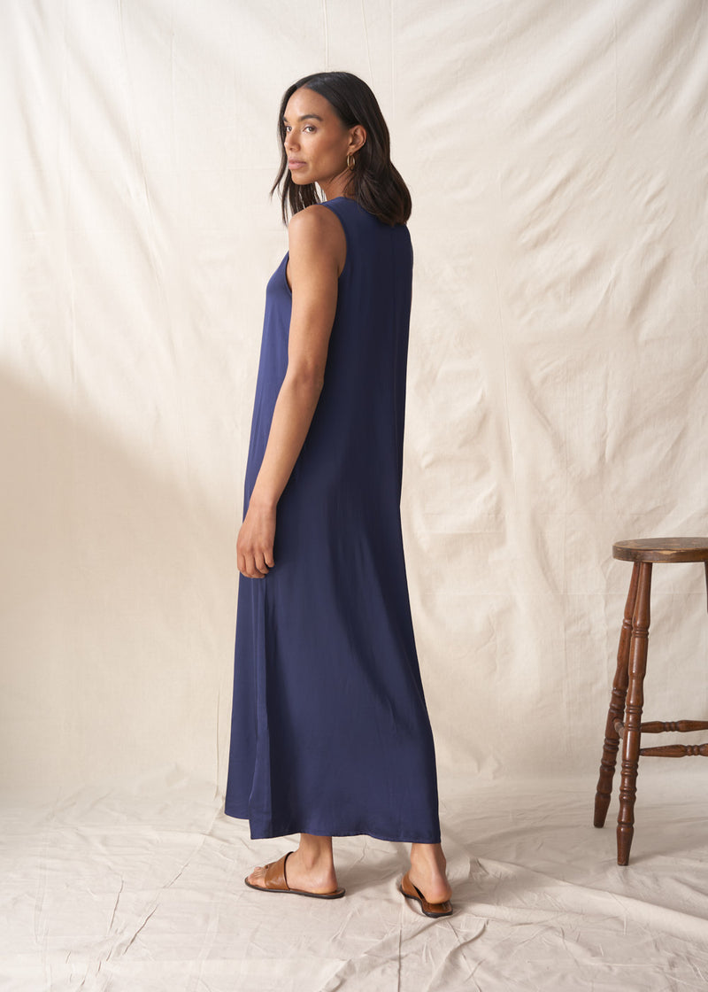 Dark blue satin sleeveless dress