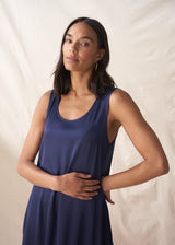 Dark blue satin sleeveless dress