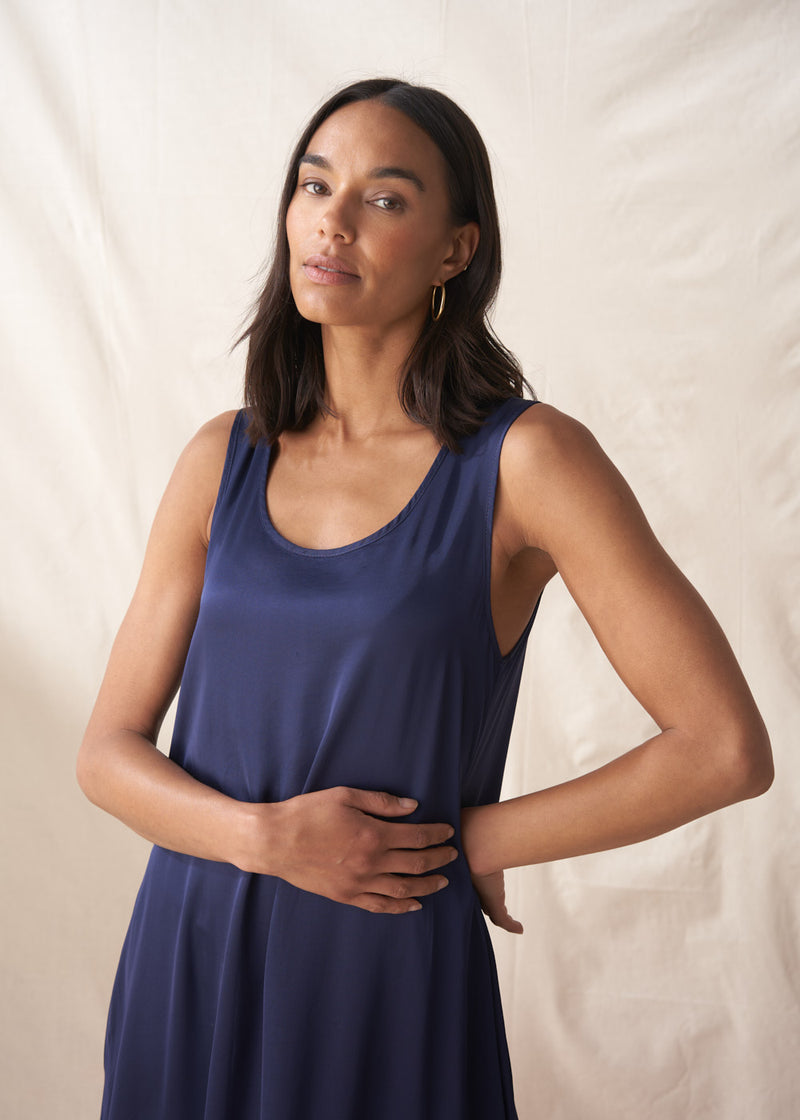 Dark blue satin sleeveless dress