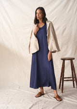 Dark blue satin sleeveless dress