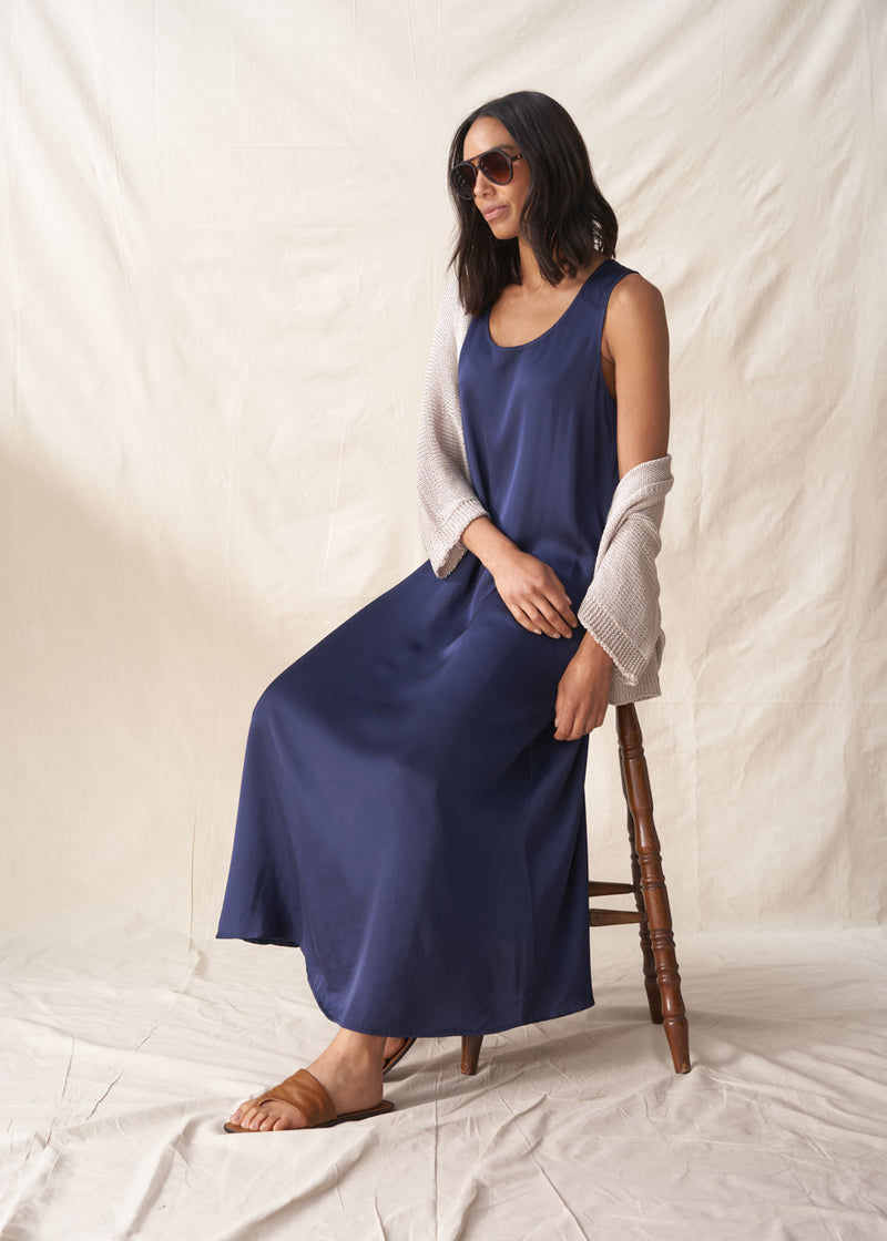Dark blue satin sleeveless dress