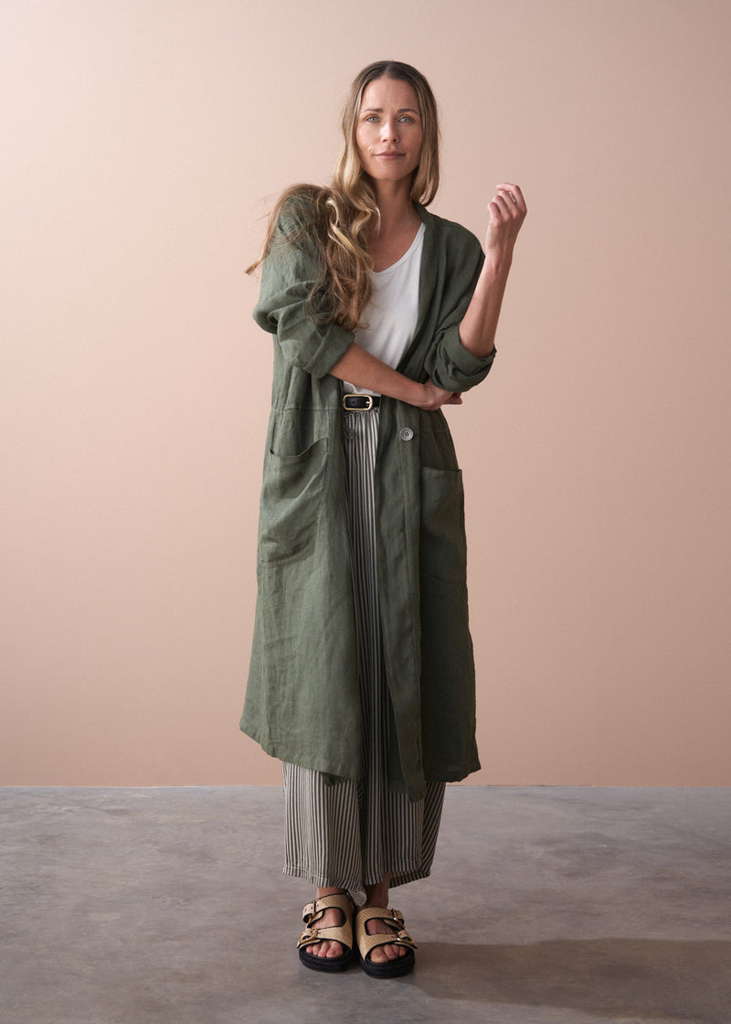 Khaki oversized linen duster coat