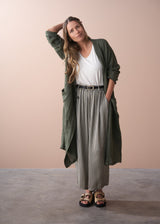 Khaki oversized linen duster coat