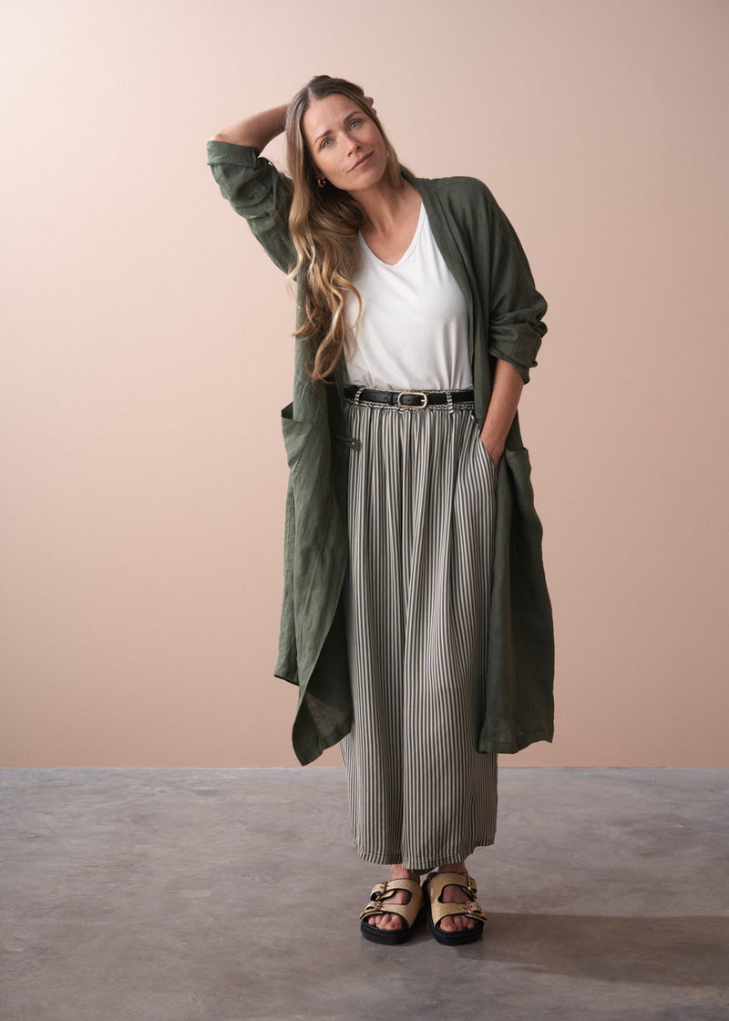 Khaki oversized linen duster coat
