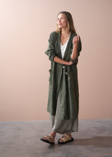 Khaki oversized linen duster coat