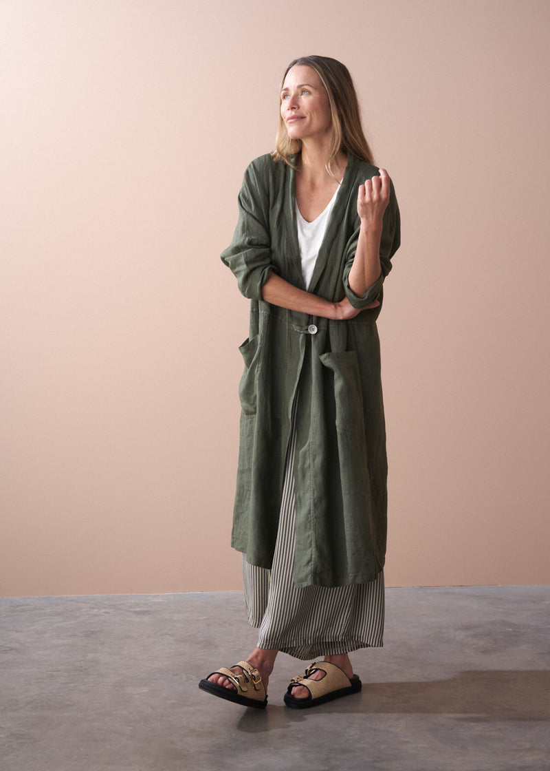Khaki oversized linen duster coat