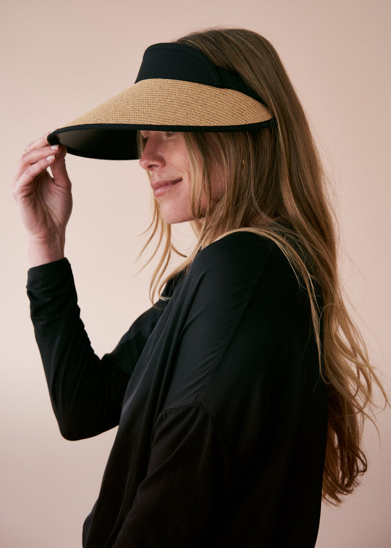 Natural straw visor with black trim