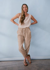 Light beige drawstring slim fit linen trousers