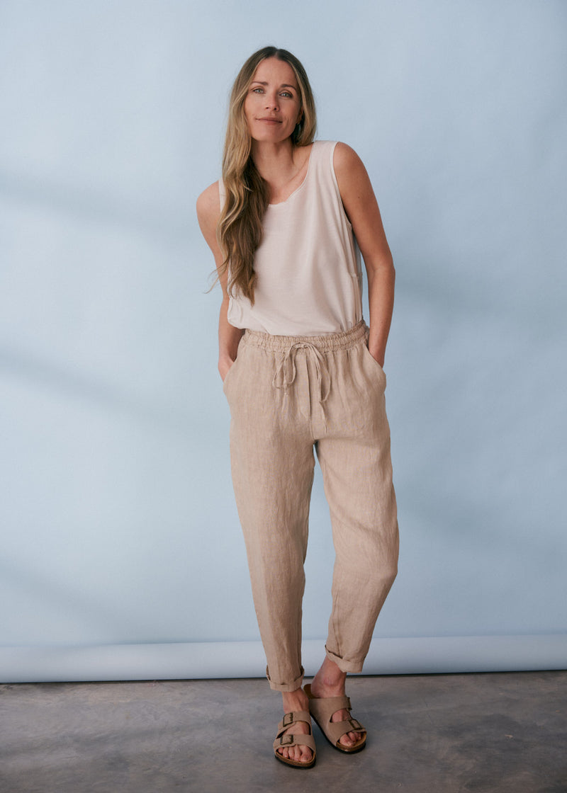 Light beige drawstring slim fit linen trousers