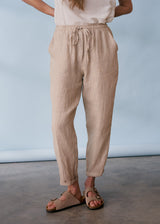 Light beige drawstring slim fit linen trousers