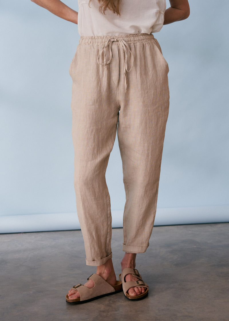 Light beige drawstring slim fit linen trousers