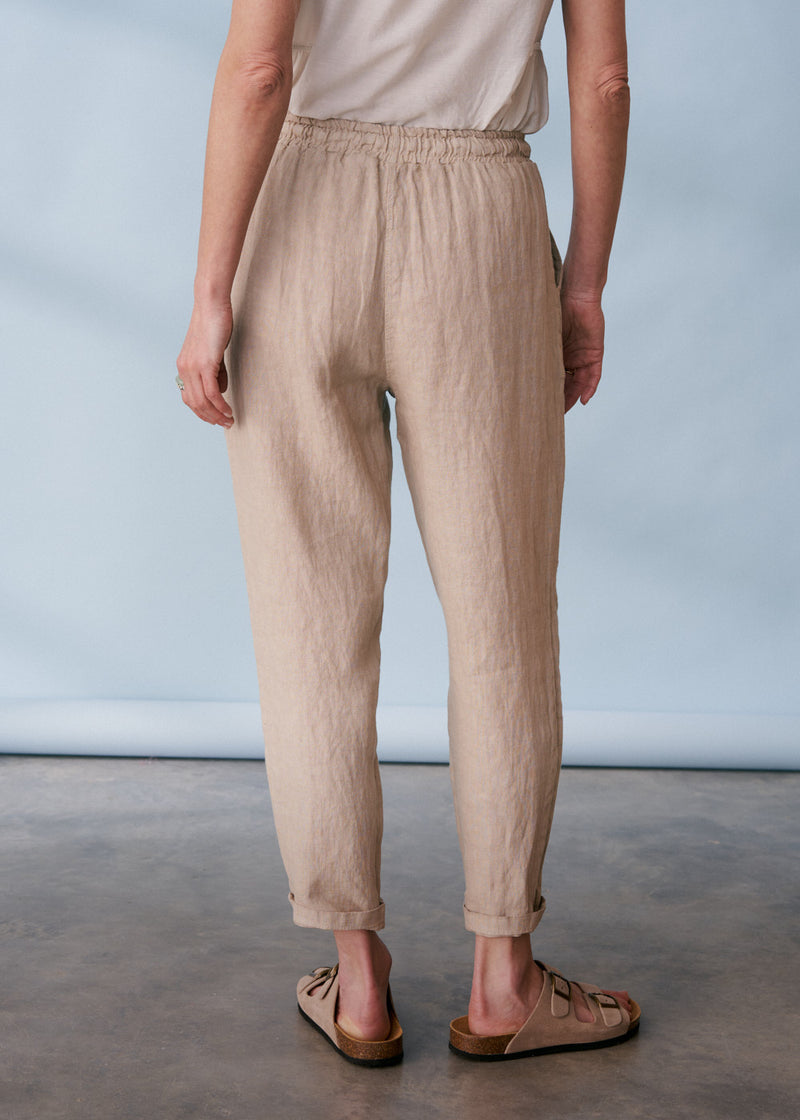 Light beige drawstring slim fit linen trousers