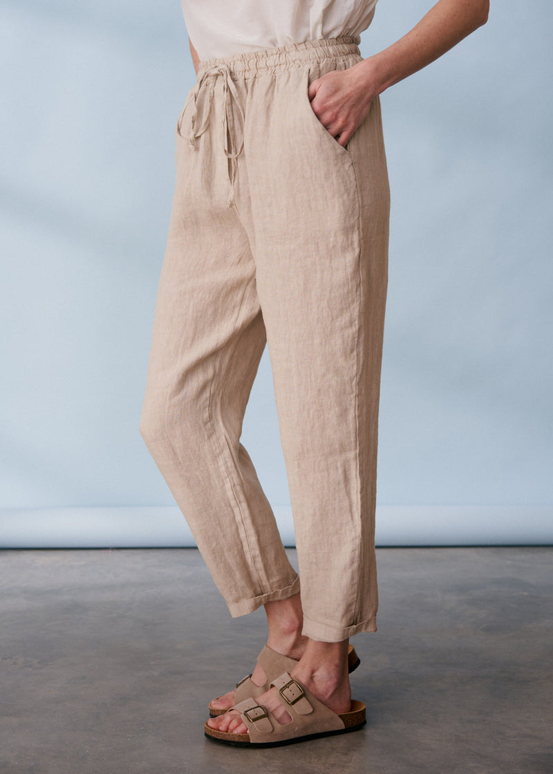Light beige drawstring slim fit linen trousers