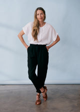 Black tapered linen trousers