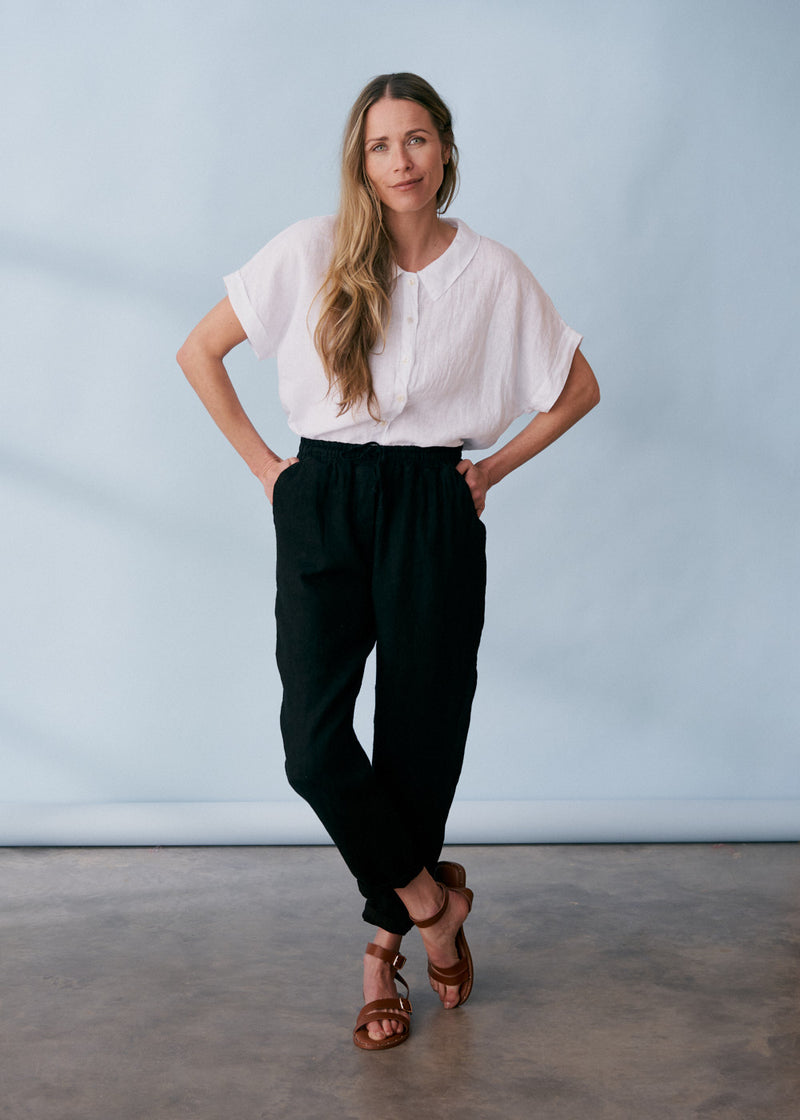 Black tapered linen trousers