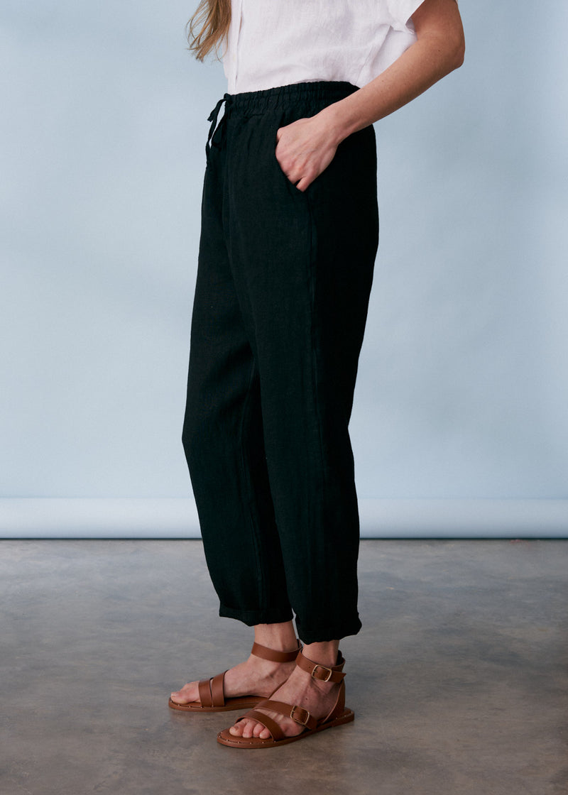 Black tapered linen trousers