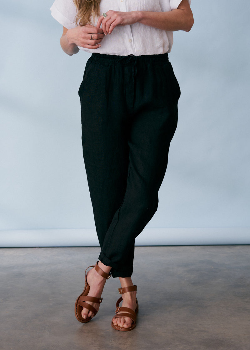 Black tapered linen trousers
